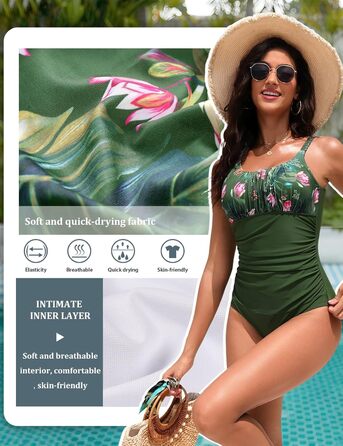 Купальник Vancavoo з пуш-ап та підтримкою живота, одноцільний, відкритий, з рюшами, пляжний, XXL, зелений з принтом