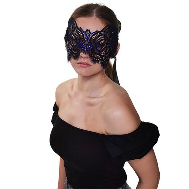 Чорна маска з мереживом та блакитними стразами для жінок - венеціанська маска для маскараду, карнавалу, Хелловіну, вечірки, Фашінгу, костюмного балу, ручної роботи, елегантна маска для очей чорного кольору (з блакитними стразами)