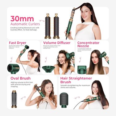 Мультифункціональний стайлер для волосся 7 в 1 Atopskins Airstyler Pro: фен з дифузором, круглі щітки, випрямляч та плойка для локонів Beach Waves, зелено-золотий