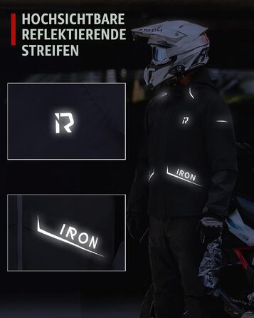 Водонепроникний мотоциклетний дощовик для чоловіків RIDEIRON, чорний (L) — захисний костюм з капюшоном та світловідбиваючими смугами, водостійкість 15000мм