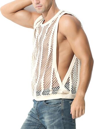 Чоловіча майка з сіткою, без рукавів, з принтом 'риба', сексуальний дизайн, прозора білизна (XL, Бежевий)