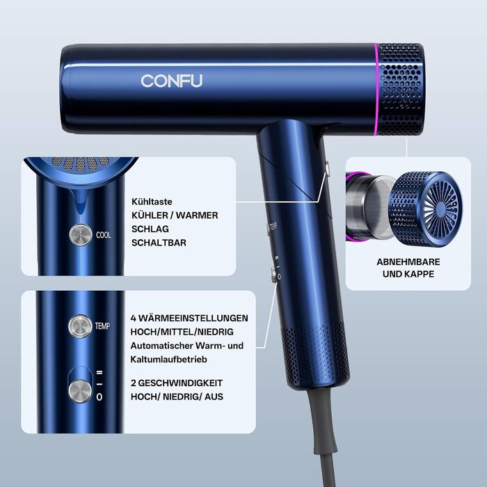 Професійний іонний фен для волосся CONFU 1700W, складаний фен з магнітним дифузором та стилізуючою насадкою, низький рівень шуму, синій