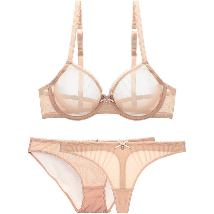 Сексуальний жіночий комплект спідньої білизни DKLOVIFU: мереживний бюстгальтер та мереживні шкарпетки, прозорий сітчастий дизайн, бежевий колір, розмір M