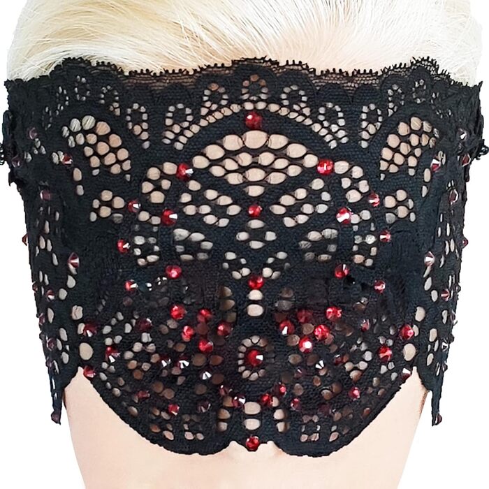 Чорна мереживна маска для жінок з чорними стразами, елегантна маска на половину обличчя, маска для маскараду та карнавалу, мереживна маска для вечірки з гумкою (Чорний (червоні стрази))
