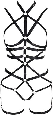 Комплект корсет, бра та стрінг з ремінцями для тіла, чорний, готичний стиль