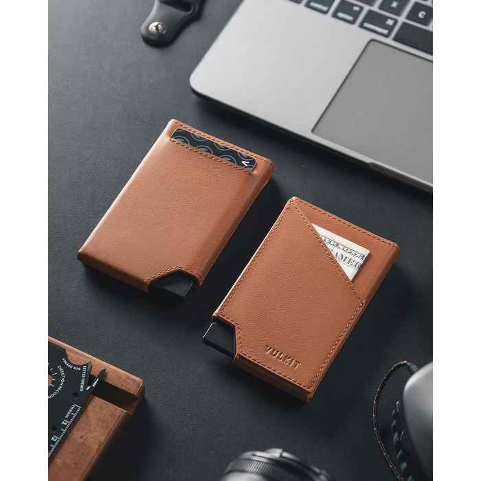 Гаманець-картхолдер VULKIT Pop-up з RFID-захистом, металевий алюмінієвий чохол для карток з відділенням для купюр та монет, натуральна шкіра (Коричневий)