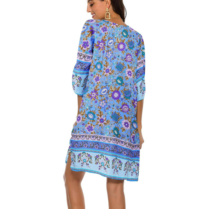 Сукня-туніка BDTECAOR Vintage Ethnostil блакитна бохо V-подібний виріз 3/4 рукав пляжна сукня зелений колір (M, Peri)