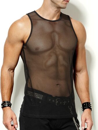 Чоловіча майка-сітка Casey Kevin Herren Netz Tank Top, прозора, з круглим вирізом, для клубної моди, чорна A1