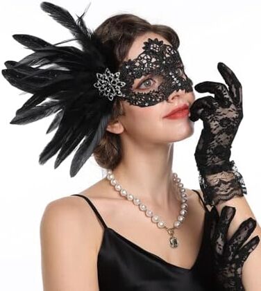 Маска та рукавички для жінок, венеціанський карнавал, чорний колір, для маскараду та костюмованих вечірок