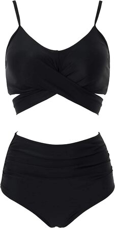 Бікіні JFAN з рюшами, пов'язка, пуш-ап, висока талія, зав'язки на спині, 2 шт. (Чорний, S)