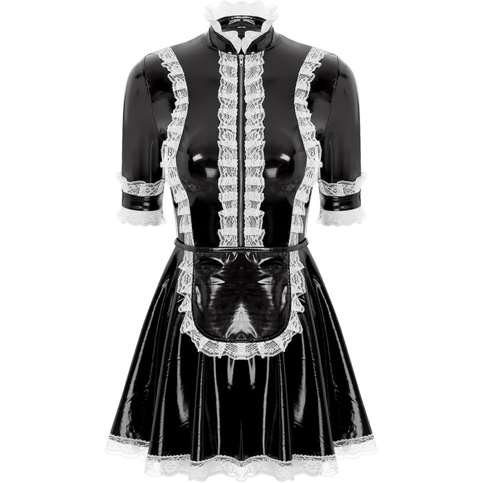 Костюм покоївки Agoky для жінок: лаковане шкіряне міні-плаття з мереживним фартухом, еротична білизна, клубний одяг, чорний, XXL