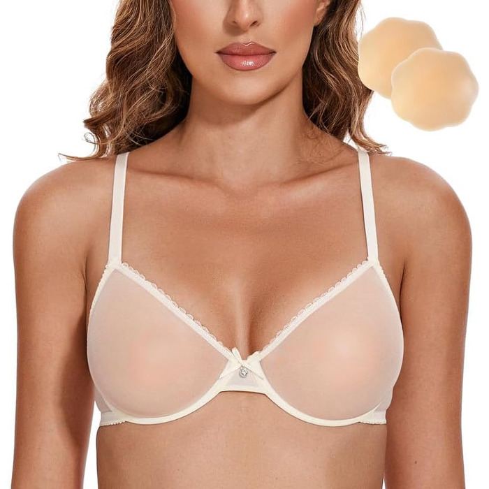 Жіночий бюстгальтер Wingslove з кісточками, мереживний, прозорий, без пуш-апу, з силіконовими накладками на соски (80B, слонова кістка)