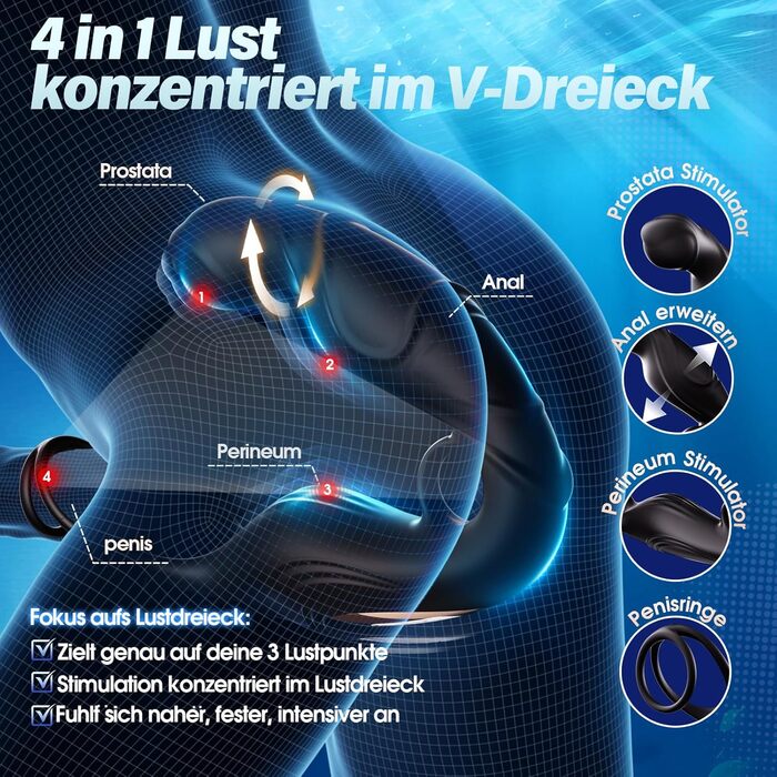 Вібратор анальний для чоловіків з простатичною стимуляцією, 360° обертання, 9 режимів вібрації, кільце для пеніса, керування через додаток