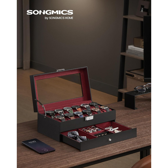 Бокс для годинників SONGMICS на 12 шт з двома рівнями, скляною кришкою та шухлядою для прикрас, замок, PU-шкіра (Чорний + Виноградний)
