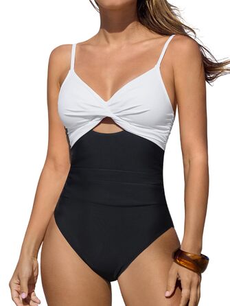 CUPSHE купальник з вирізом, ефект зав'язування, прихована талія, з декоративними вставками, чорно-білий (XS)