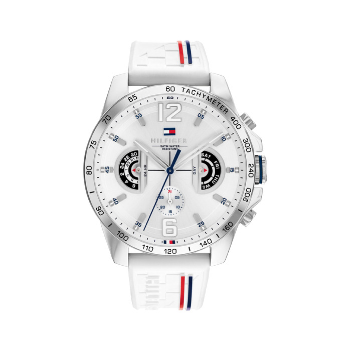 Чоловічий багатофункціональний кварцовий годинник Tommy Hilfiger білого кольору з силіконовим ремінцем, водонепроникність 5ATM