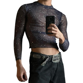 Футболка з довгим рукавом з блискітками для чоловіків, мереживна, прозора сітка, XL, фіолетовий