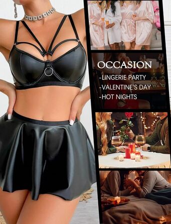 Костюм для нічного клубу Adigau Deou з еластичної шкіри (Wetlook): бюстгальтер, міні-спідниця, з ланцюгом. Чорний (XL)