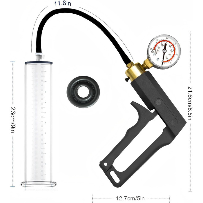 Вакуумний насос для збільшення пеніса з манометром та 7 кільцями. Мануальна помпа для чоловіків, 5.7 см