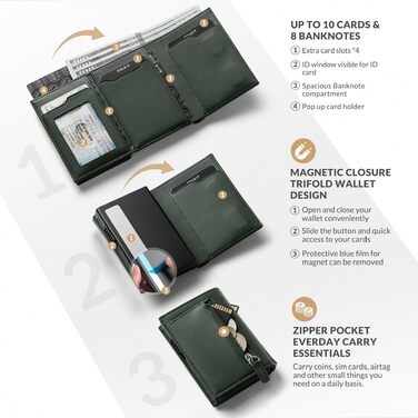 Шкіряний гаманець-картхолдер VULKIT з RFID-захистом, Pop-Up системою, відділенням для купюр, монет та вікном для ID (Оливковий)