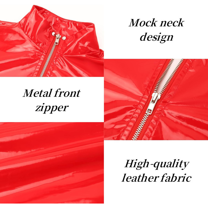 Міні-сукня з еластичної шкіри з блискавкою Wet Look, Babydoll, обтисла, з короткими рукавами, червона (L)