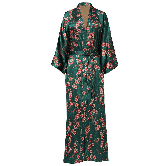 Халат жіночий довгий шовковий сатин, Kimono з принтом павича, BABEYOND, 135 см