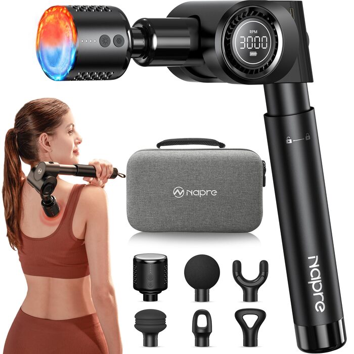 Перкусійний масажер Napre Massage Gun з функцією підігріву та охолодження, складаний масажний пістолет для тіла, спини та плечей, 32 рівні швидкості, 5 кутів нахилу, Gloss Black