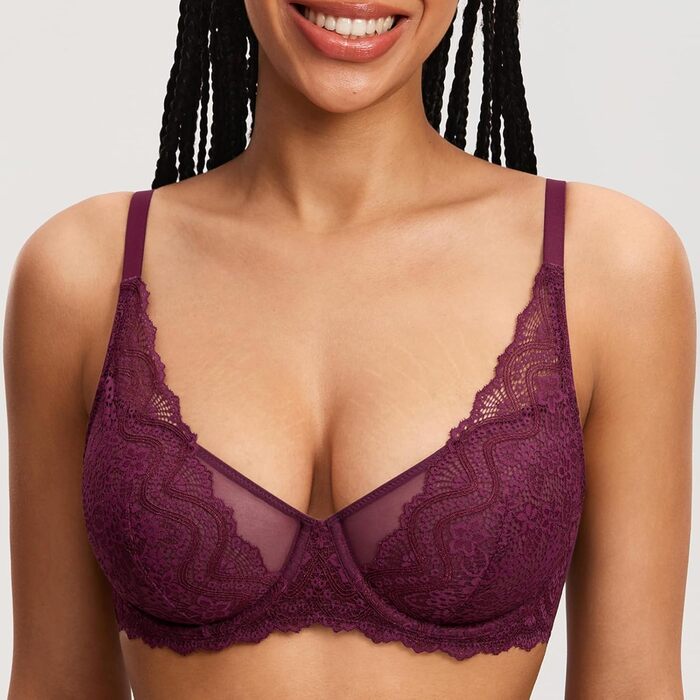 Бюстгальтер Dobleva з мереживом, з кісточками, ефект мінімайзер, великі розміри, сексуальний, прозорий, глибокий виріз (75B, Traubenwein)