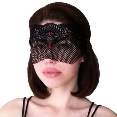 Чорна мереживна півмаска для жінок з червоними стразами – венеціанська маска для маскараду, карнавалу, весілля, вечірки, косплею, бурлеску та Марді Гра (Чорний (червоні стрази))