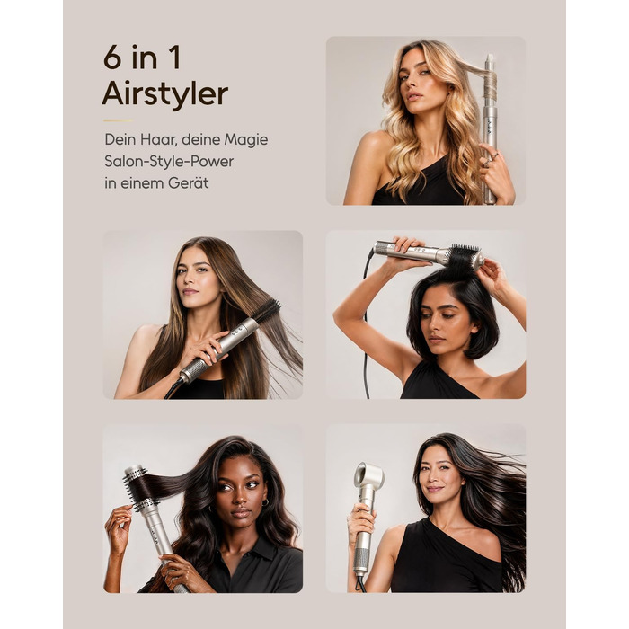 Мультистайлер 6 в 1 7MAGIC Airstyler: іонний фен, автоматичний стайлер для локонів та щітка для вирівнювання волосся, ефект Коанда, колір Champagne Gold