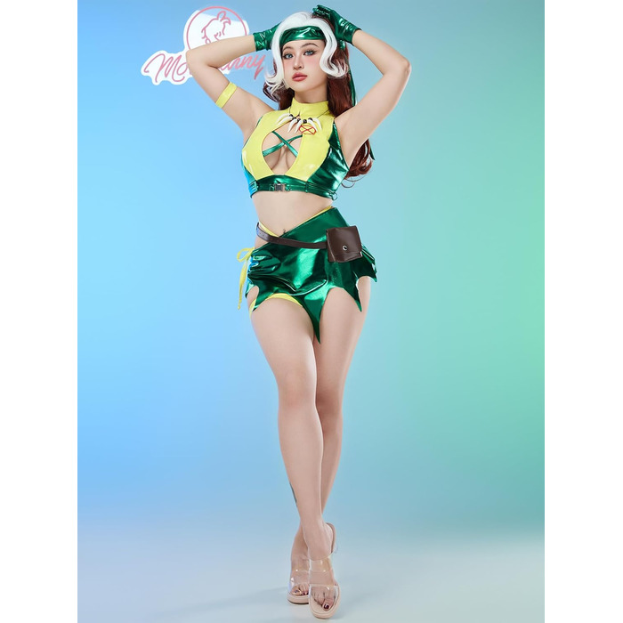Костюм косплею Mobbunny для жінок, сексуальний комплект спідньої білизни, топ та спідниця з пов'язкою на голову, рукавичками, зелений для Хелловіну