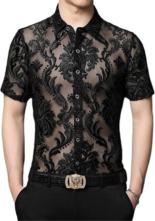 Чоловіча сорочка AWMew, мереживо, сітка, коротка, клубний стиль, чорна, розмір S