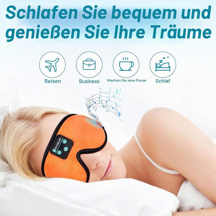 Bluetooth-навушники-маска для сну Schlafkopfhörer, 3D маска на очі з HD-стереодинаміками, регульована та миюча, для сну на боці, подорожей, йоги та медитації, помаранчева