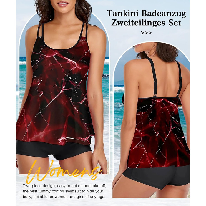 Танкіні жіночий купальник з шортами, комплект з двох частин, літній, чорний, червоний (S)