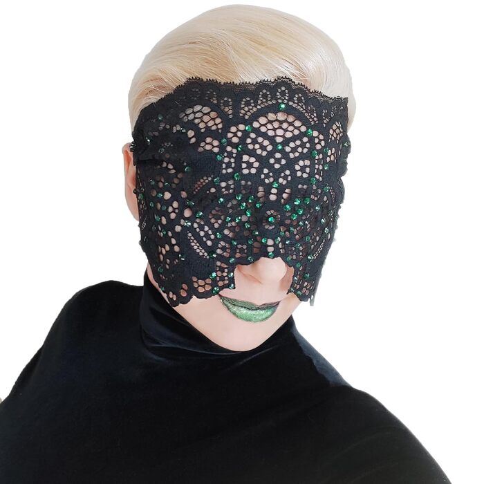Ручна вишита мереживна маска на обличчя з камінням для жінок, чорна маска для маскараду, балу, карнавалу, весілля, бурлеску, косплею, Марді Гра (чорний колір, зелені камінці)