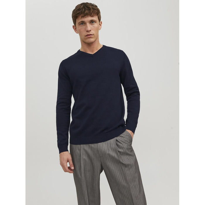 Чоловічий в'язаний светр Jack & Jones однотонний, темно-синій (Navy Blazer), розмір XL