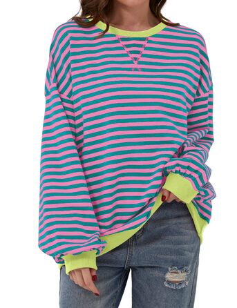 Жіночий світшот Chicrise Oversized у смужку, в'язаний лонгслів з круглим вирізом, рожево-зелений, розмір M