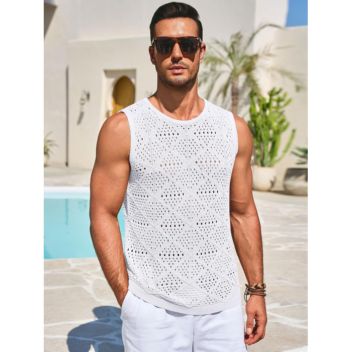Чоловіча в'язана майка-топ Runcati, літня, пляжна, хіпі-стиль (білий/Оксамитовий сад, L)