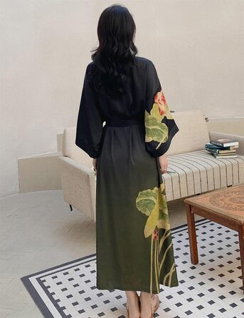 Жіночий халат з довгим рукавом з шовку та атласу, халат-кімоно з квітковим принтом, універсальний розмір (чорний, зелений з квітковим принтом)