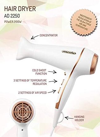 Фен для волосся Mesko 2100 Вт, білий (Cloudy White) — 2 швидкості, 3 температурні режими, поворотна насадка-концентратор