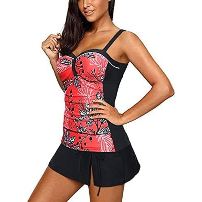 Танкіні жіночий Yonique з спідницею, купальник ручка, роздільний купальник з пуш-ап, XS-XXL, червоний з квітковим принтом