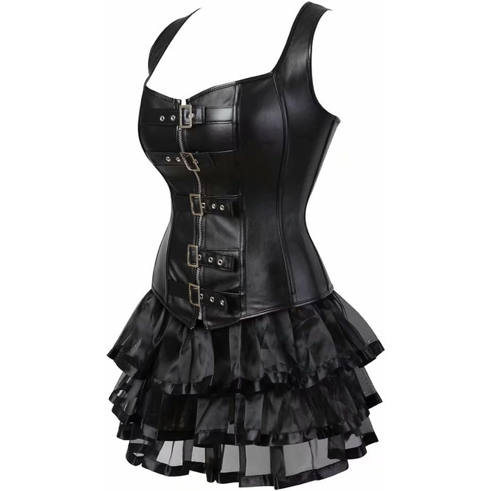 Сукня-корсет у стилі стимпанк з корсажем, шкіряна, з спідницею-тьюль, для жінок, з бретелями, елегантна, бурлеск, сексуальна, чорна, XXL