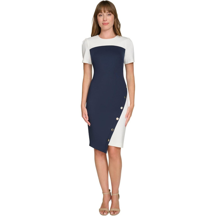 Сукня-футляр Tommy Hilfiger Scuba-Krepp, короткий рукав, з заклепками, асиметричний поділ, розмір 36-38, колір Sky Captain/Elfenbein