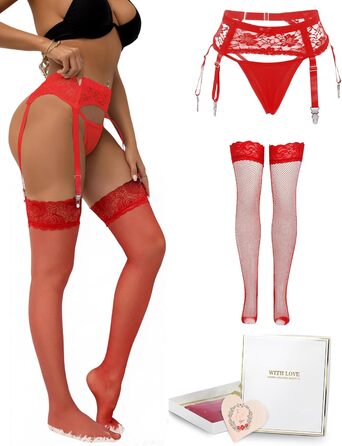Жіночі мереживні стрінг-тримачі для панчіх з широким поясом та 4 кліпсами, сексуальні стрінг-тримачі великих розмірів, прозома білизна, жіночий набір, регульовані стрінг-тримачі з танго, галстук для панчіх, підвіски (M-L, 2шт - червоний стрінг-тримач + па