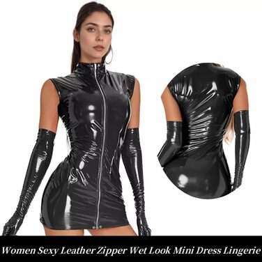 Чорне латексне міні-плаття з блискавкою - сексуальна сукня bodycon для вечірок та танців