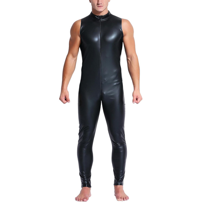 Комбінезон чоловічий лакований шкірозамінник PVC з довгим замком, сексуальний, облягаючий, чорний, розмір L