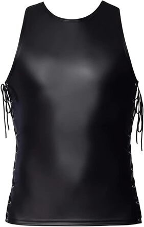 Чоловіча спідня білизна з еластичної шкіри (лак) та шкіряна жилетка. Сексуальний комплект з футболки та топу. Чорний колір, розмір L