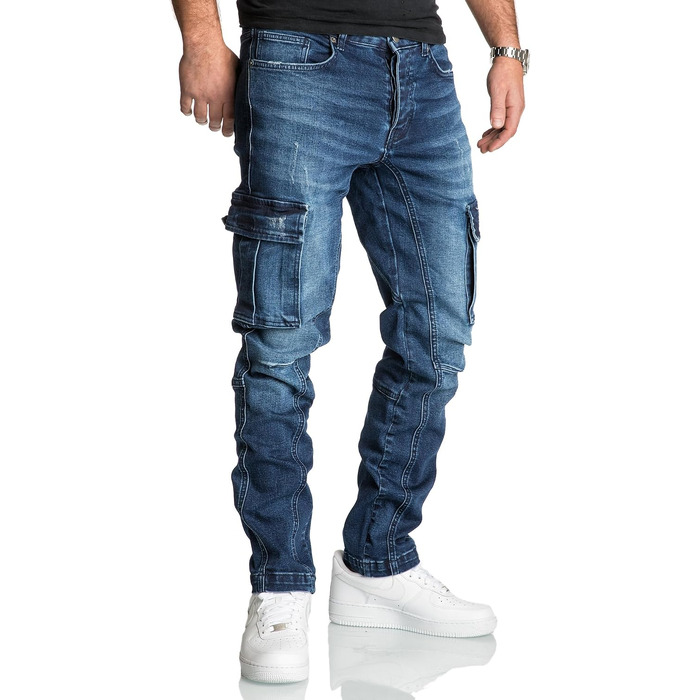 Чоловічі джинси-карго REPUBLIX Regular Slim Denim з ефектом Destroyed, темно-сині, модель R7977