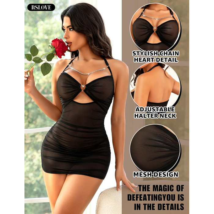 RSLOVE Сексуальне нічне вбрання для жінок - Babydoll, прозорий мереживний комплект нижньої білизни, чорний