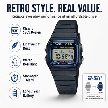 Чоловічий класичний кварцовий годинник Casio F-91W чорний, водостійкий, зі стопоміром, будильником та автоматичним календарем